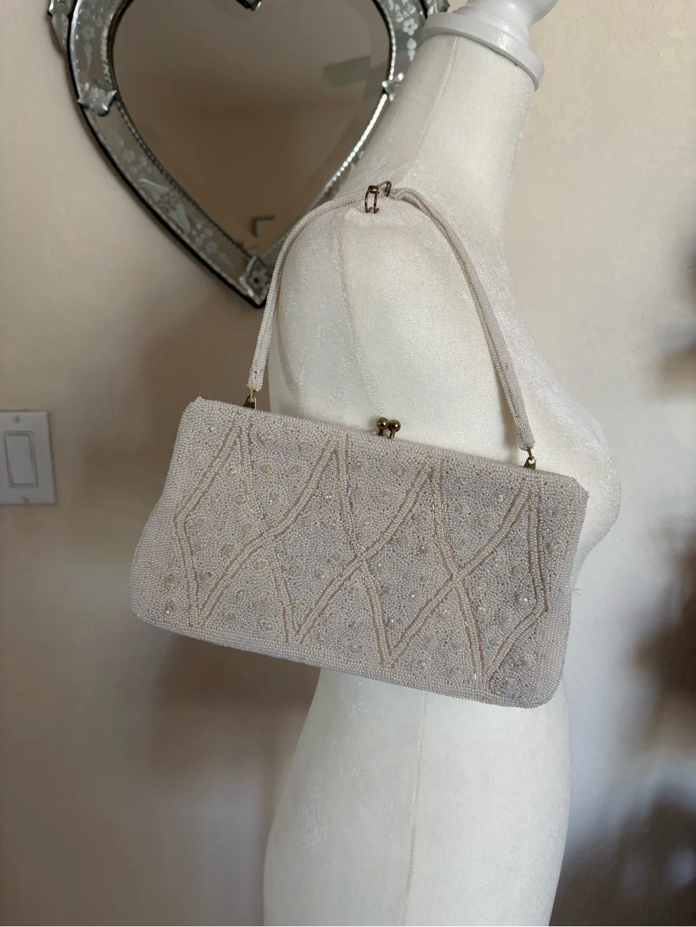 Elegant Beaded Vintage Cream Evening Handbag